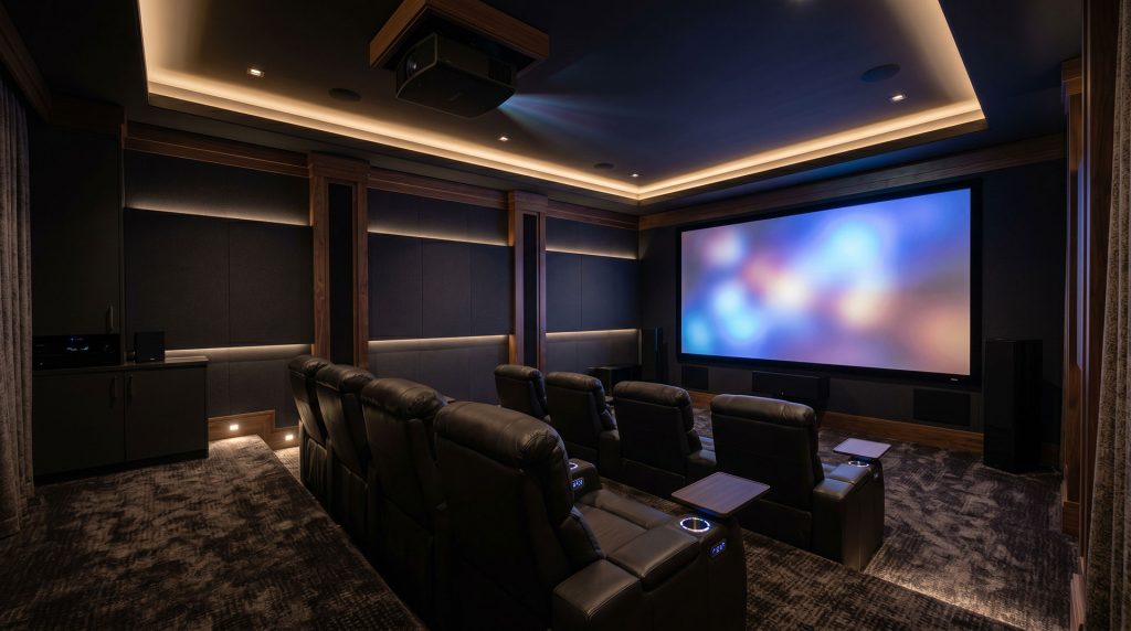 Luxury home cinema room in Irvine with projector, acoustic panels and reclining theater seating